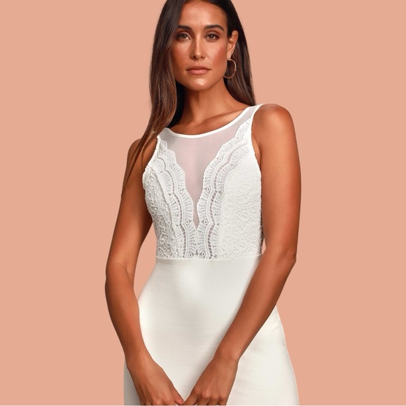 🤍 Lulus White Lace‎ Bodycon Dress S 💍 Mesh Top Bridal Shower Cocktail Fit - Picture 3 of 8